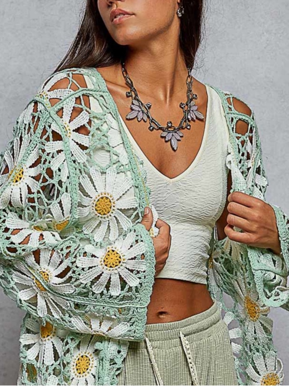 POL Mint Green Crochet Daisy Cardigan with White & Yellow Accents